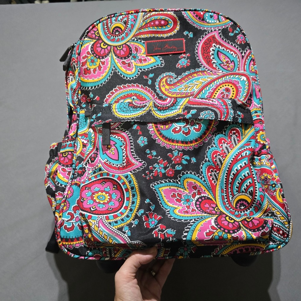 Vera Bradley Rolling Backpack Women OS Black Paisley Retractable Handle Travel
